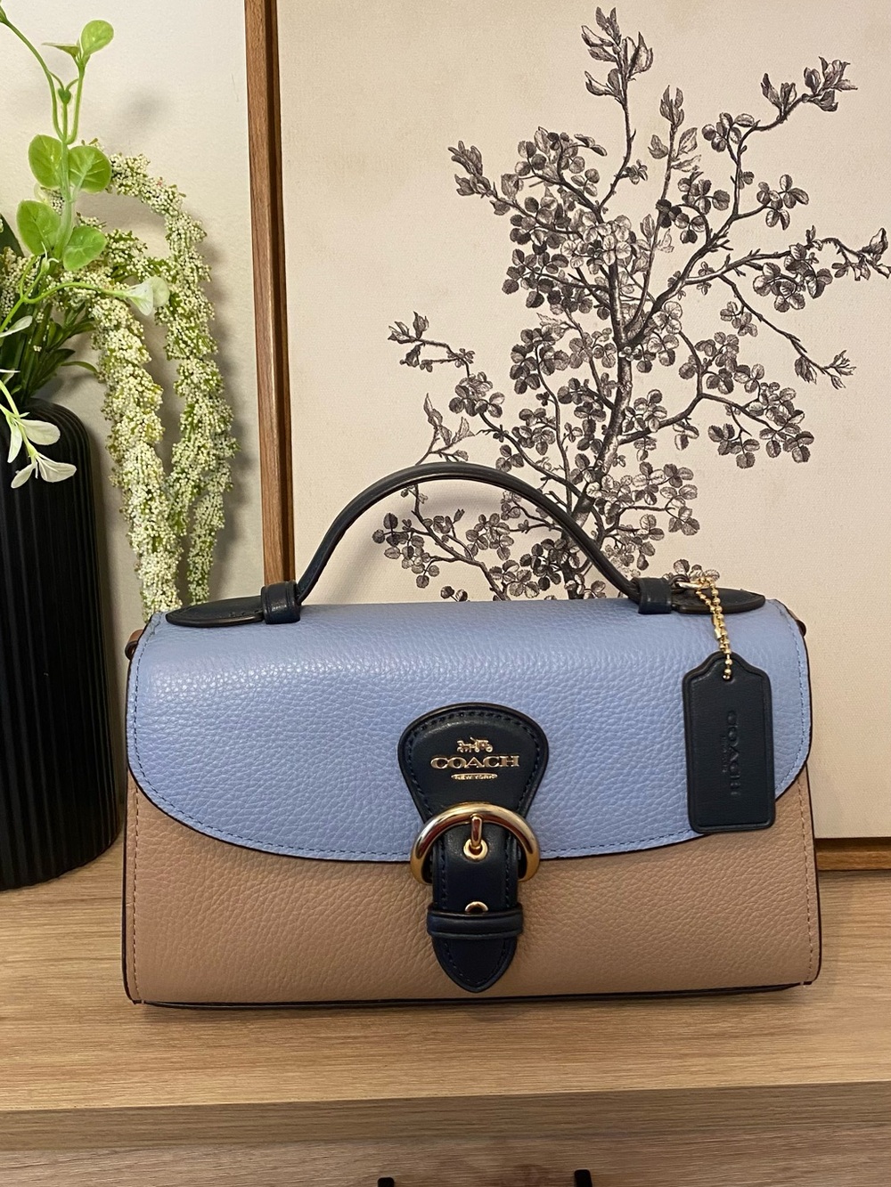 COACH Cleo Top Handle Pebbled Leather Satchel in Powder Blue and Tan